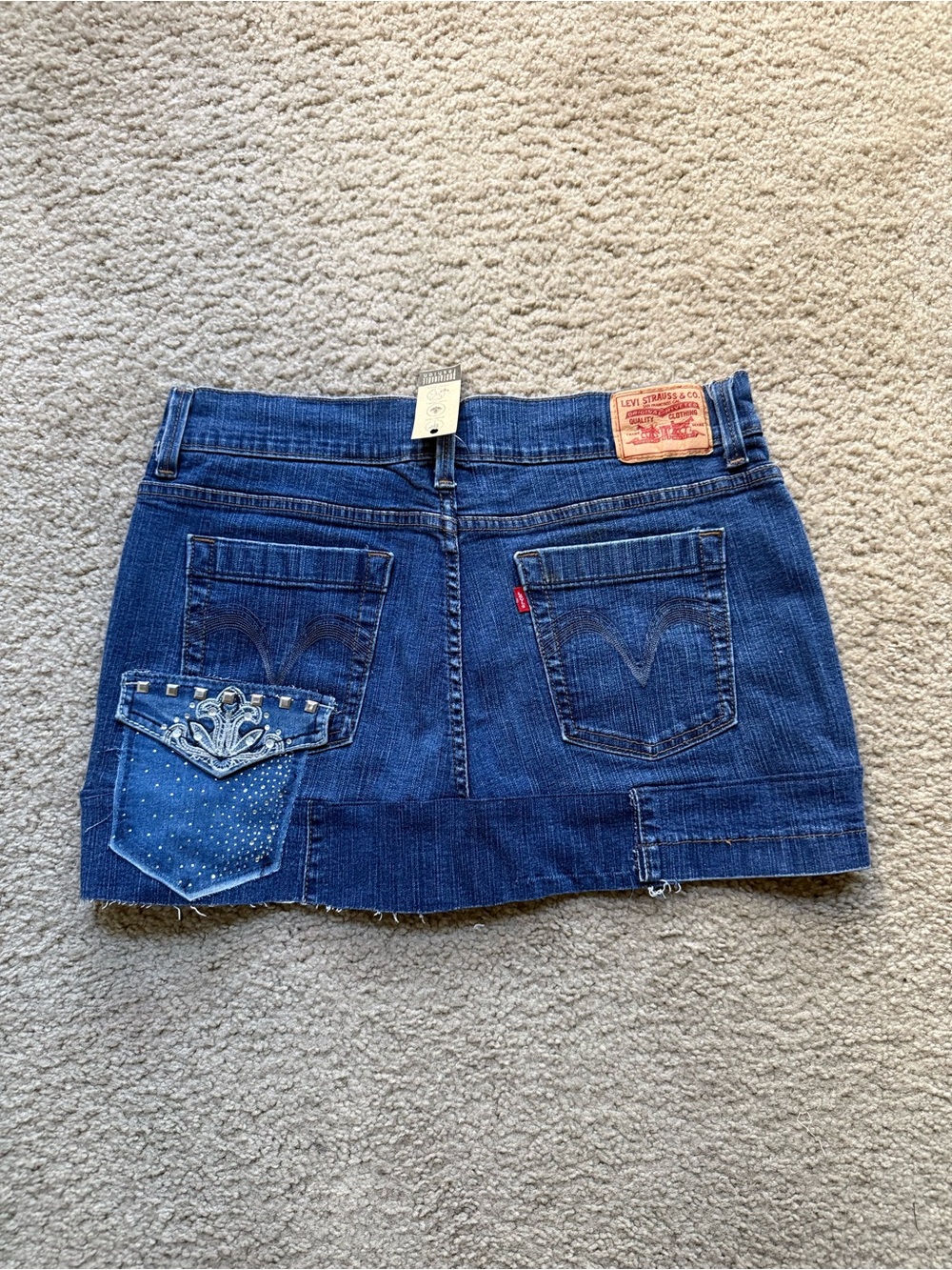 Upcycled Levi’s Denim Mini Skirt Rhinestone Cross Boho One of a Kind Y2K Size 12 - Picture 10 of 14